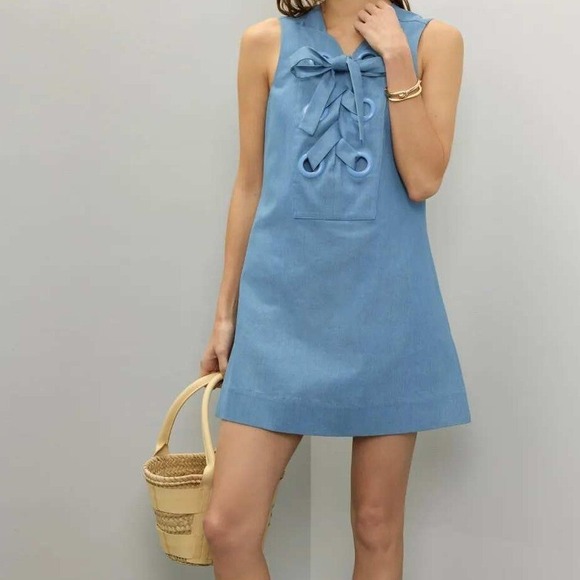 ENGLISH FACTORY Denim Lace Up Mini Dress Size 10 / LARGE Womens Blue RTR - Picture 1 of 7